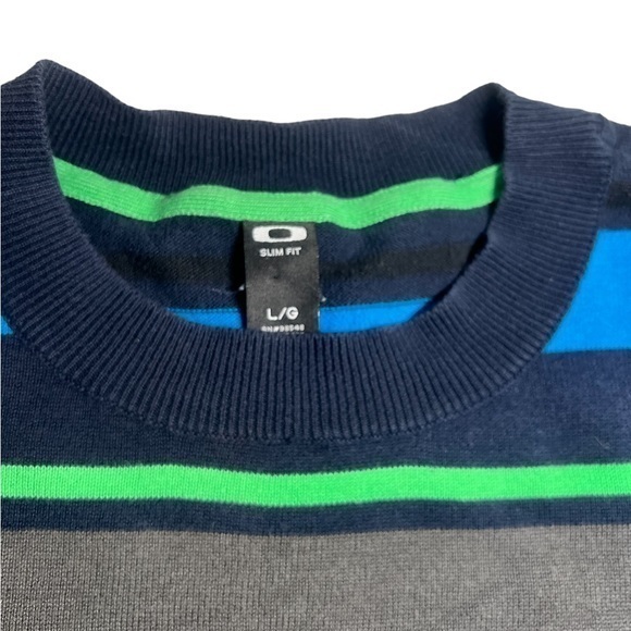 Oakley Slim Fit Mens‎ Sweater Large Black Blue Grey & Green Striped Knit Cotton - Picture 2 of 5